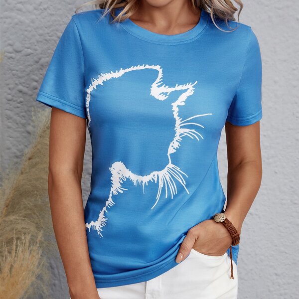 

Cat Print Short Sleeve Tee, Blue