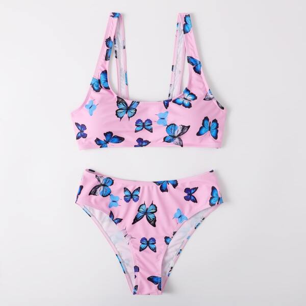 

Butterfly Print High Waisted Bikini Swimsuit, Pink
