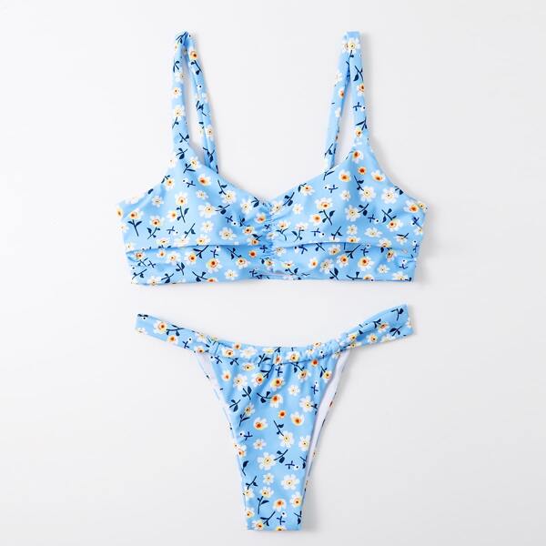 

Floral Random Print Ruched Thong Bikini Swimsuit, Baby blue