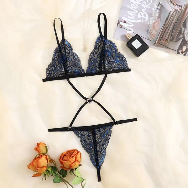 

Floral Lace Cut Out Teddy Bodysuit, Blue