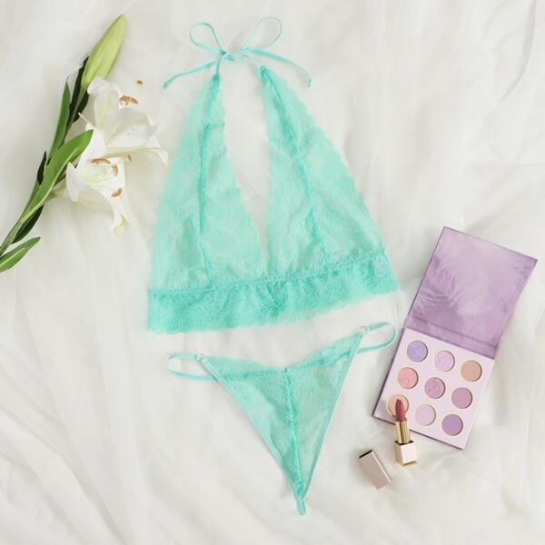 

Floral Lace Halter Lingerie Set, Green
