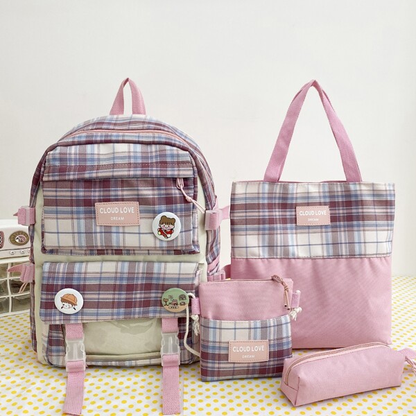

4pcs Cartoon Decor Plaid Pattern Backpack Set, Pink
