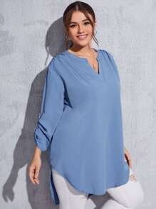 SHEIN LUNE Blusa unicolor bajo curvo de cuello notch - Azul - Ver 1