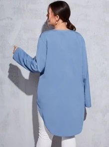 SHEIN LUNE Blusa unicolor bajo curvo de cuello notch - Azul - Ver 2