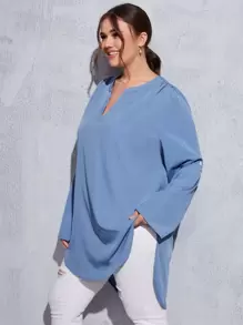 SHEIN LUNE Blusa unicolor bajo curvo de cuello notch - Azul - Ver 3