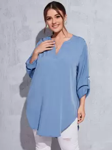 SHEIN LUNE Blusa unicolor bajo curvo de cuello notch - Azul - Ver 4