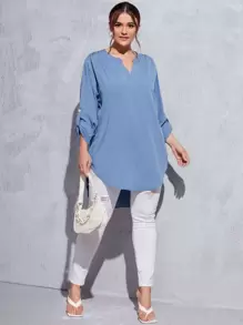 SHEIN LUNE Blusa unicolor bajo curvo de cuello notch - Azul - Ver 5