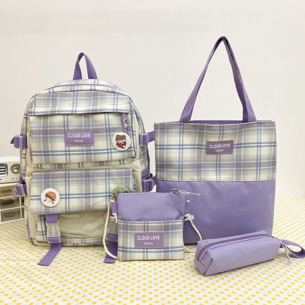 

4pcs Cartoon Decor Plaid Pattern Backpack Set, Purple