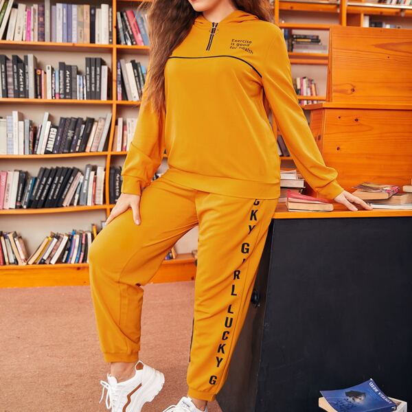 

Plus Slogan Print Sweatshirt & Joggers Set, Orange