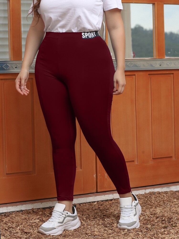 Plus Letter Tape Waist Leggings - Burgundy - View 4