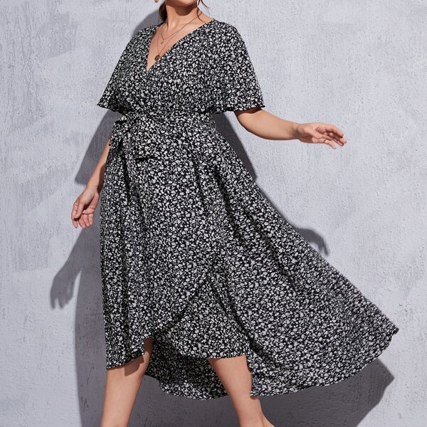 

Plus Ditsy Floral Butterfly Sleeve High Low Hem Belted Dress, Black and white