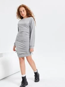 SHEIN Teen Girls Drop Shoulder Drawstring Ruched Sweatshirt Dress - Light Grey - View 3