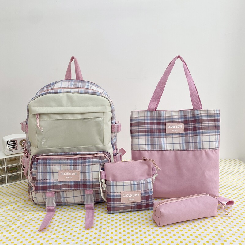 

4pcs Letter Patch Plaid Pattern Backpack Set, Pink