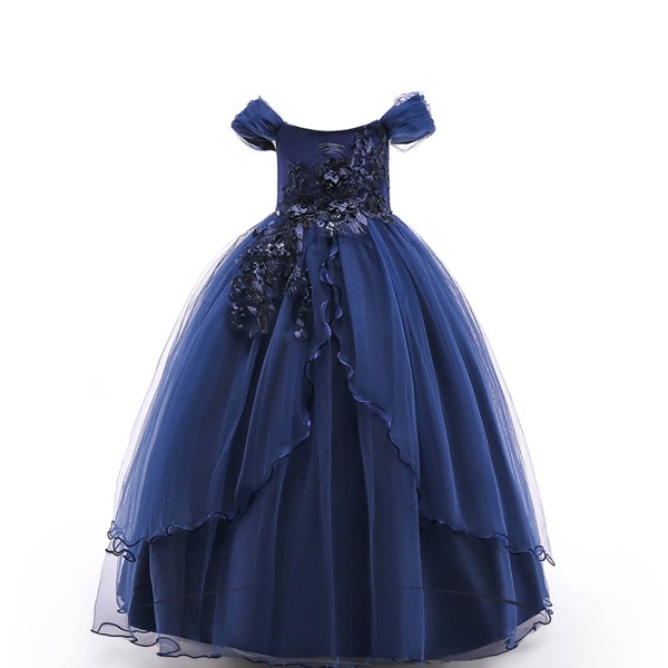 

Girls Appliques Pearls Beaded Cold Shoulder Bodice Gown Dress, Navy blue