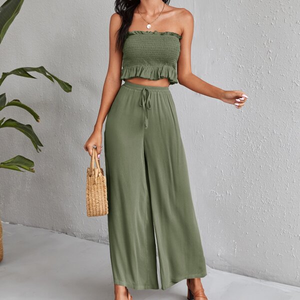 

Shirred Peplum Top With Wide Leg Pants, Olive green