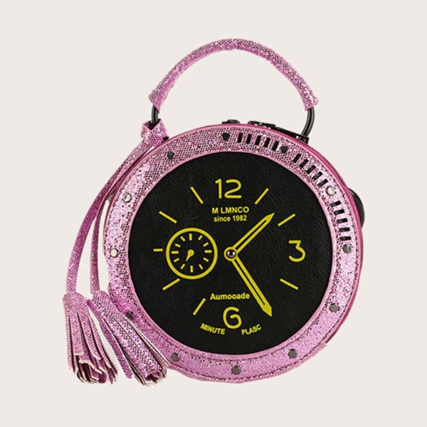 

Metallic Clock Design Tassel Decor Satchel Bag, Pink