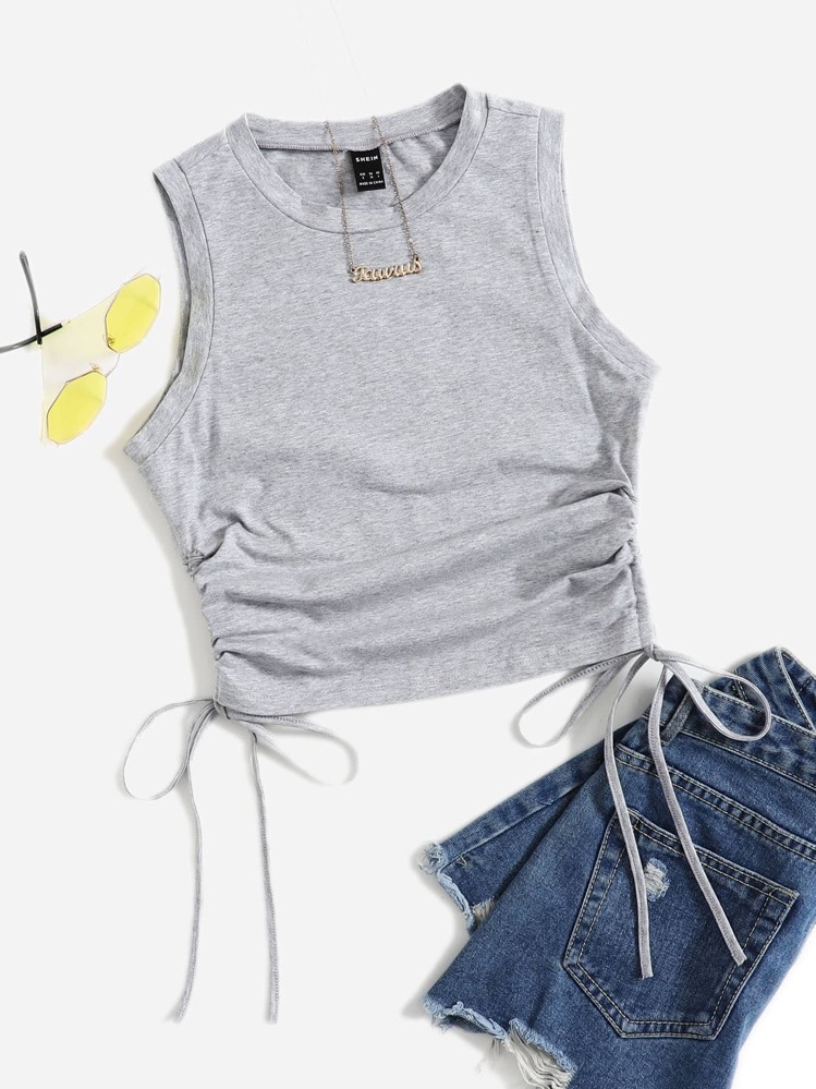 Muchica Drawstring Ruched Side Crop Tank Top - Light Grey - View 1