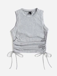 Muchica Drawstring Ruched Side Crop Tank Top - Light Grey - View 4
