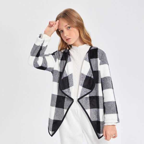 

Girls Buffalo Plaid Contrast Binding Flannel Coat, Black and white