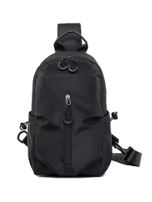 男士極簡風格拉鏈細節單肩包 - 黑色 - 查看 1