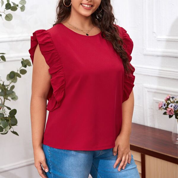 

Plus Solid Ruffle Trim Blouse, Red