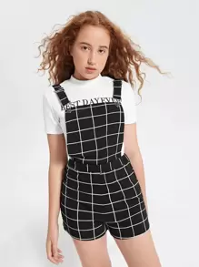 SHEIN Teen Girls Grid Print Pinafore Romper - Black - View 1