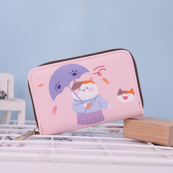 

Cartoon Graphic Zipper Around Card Holder, Pink