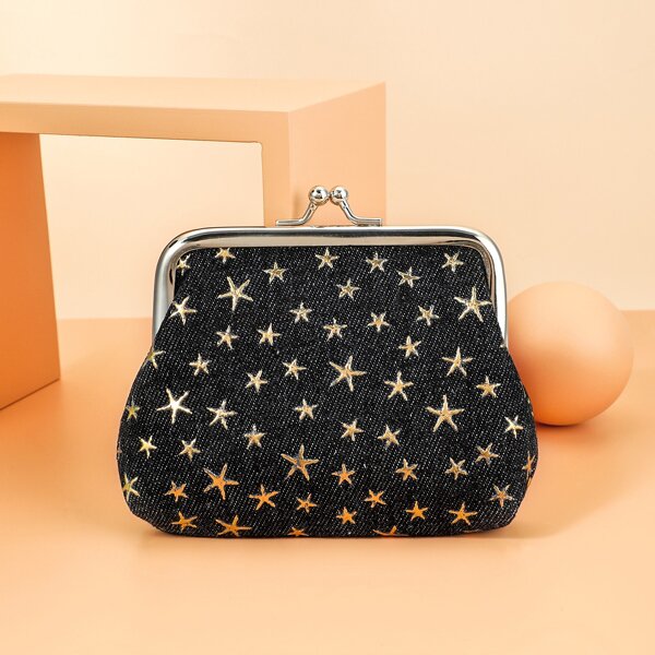 

Star Pattern Kiss Lock Coin Case, Black