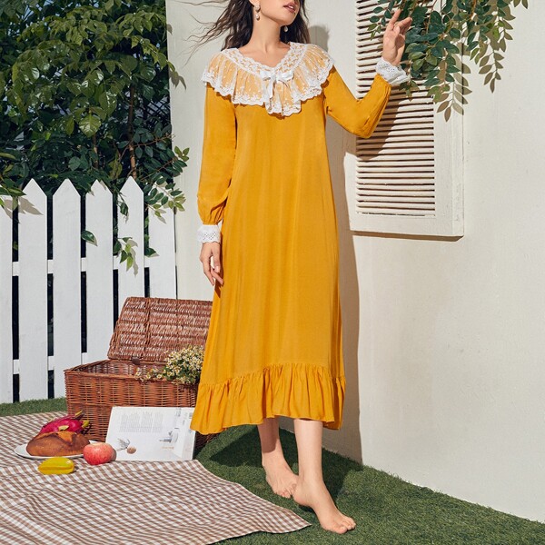 

Contrast Lace Bow Detail Ruffle Hem Night Dress, Mustard yellow