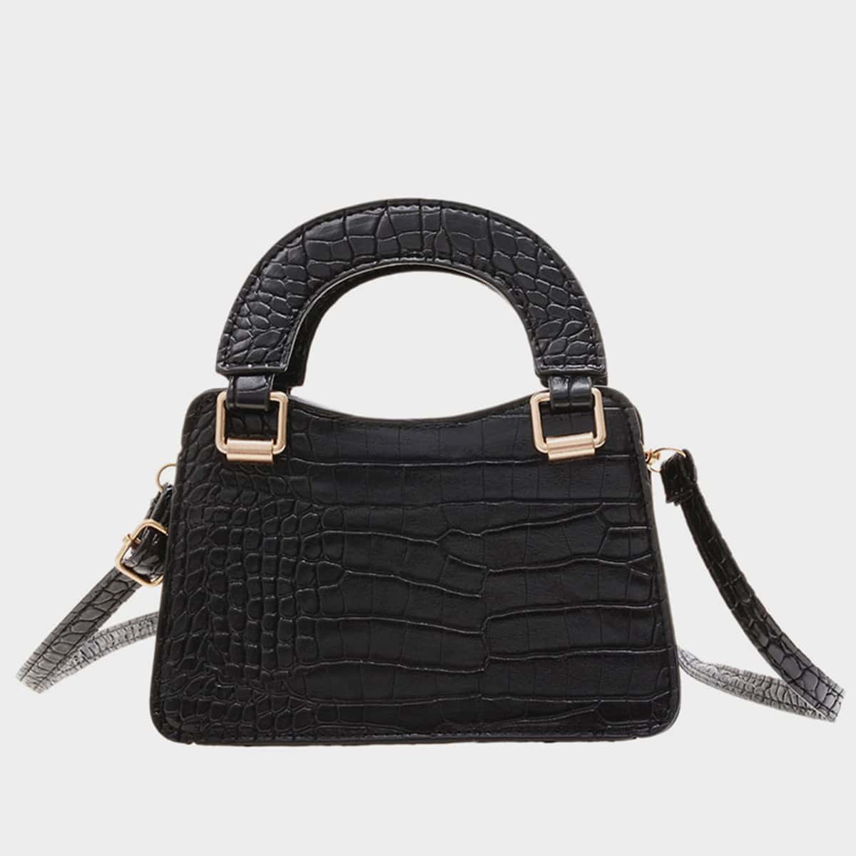 

Double Handle Croc Embossed Square Bag, Black