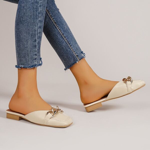 

Chain Decor Flat Mules, Beige