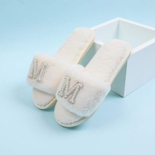 

Beaded Letter Appliques Fluffy Slippers, Beige