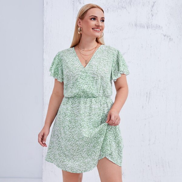 

Plus Ditsy Floral Print Butterfly Sleeve V Back Dress, Mint green
