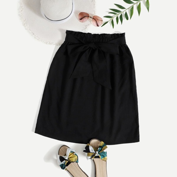 

Paperbag Waist Belted Skirt, Black