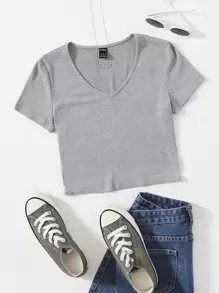 Muchica V領羅紋針織T恤 - 淺灰色 - 查看 1