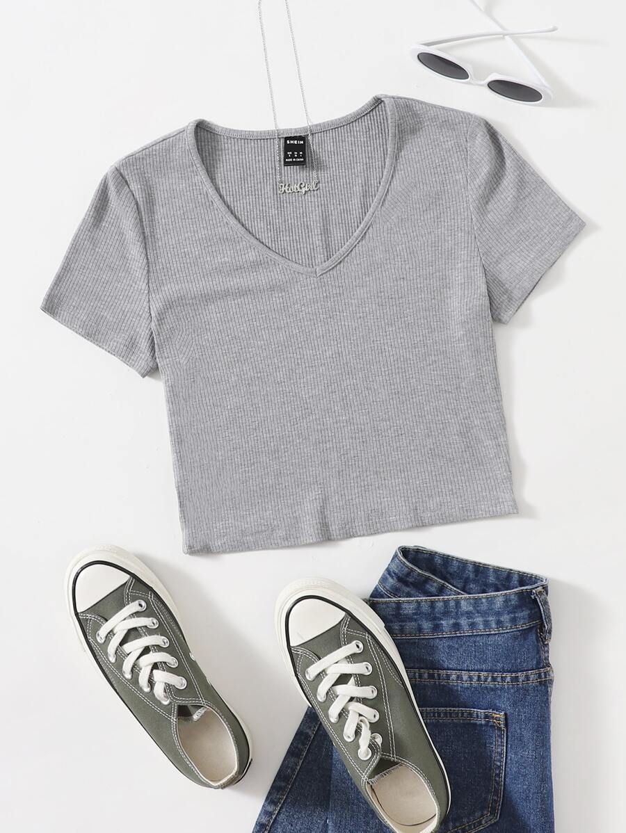 Muchica V領羅紋針織T恤 - 淺灰色 - 查看 1