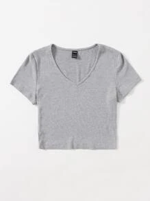 Muchica V領羅紋針織T恤 - 淺灰色 - 查看 5