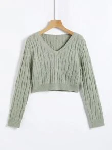 SHEIN LUNE Cable Knit V Neck Crop Jumper - Mint Green - View 1