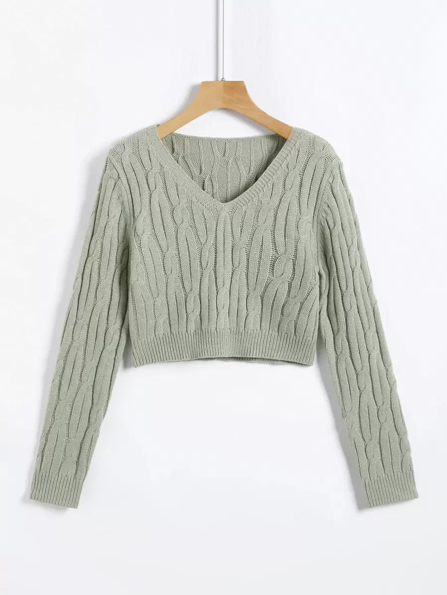 SHEIN LUNE Cable Knit V Neck Crop Jumper - Mint Green - View 1
