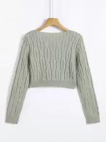 SHEIN LUNE Cable Knit V Neck Crop Jumper - Mint Green - View 2