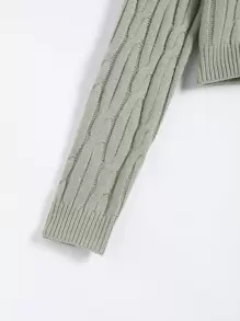 SHEIN LUNE Cable Knit V Neck Crop Jumper - Mint Green - View 3