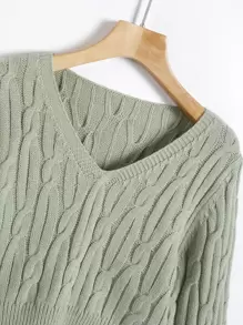 SHEIN LUNE Cable Knit V Neck Crop Jumper - Mint Green - View 4