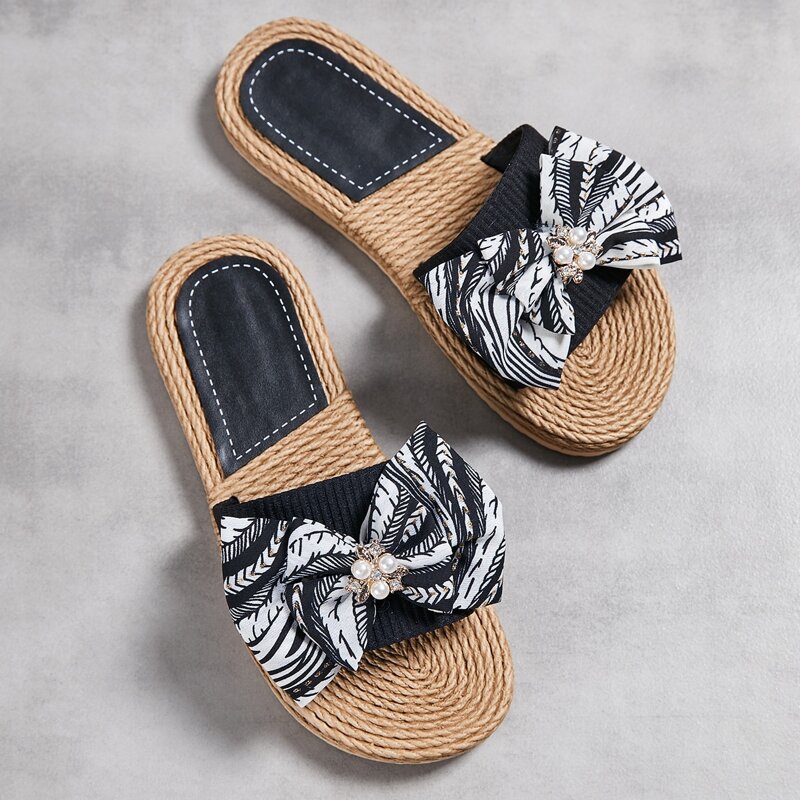 

Bow & Faux Pearl Decor Straw Sandals, Black