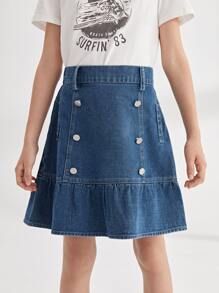 Niñas Falda en mezclilla con botones bajo con fruncido - Azul lavado medio - Ver 1