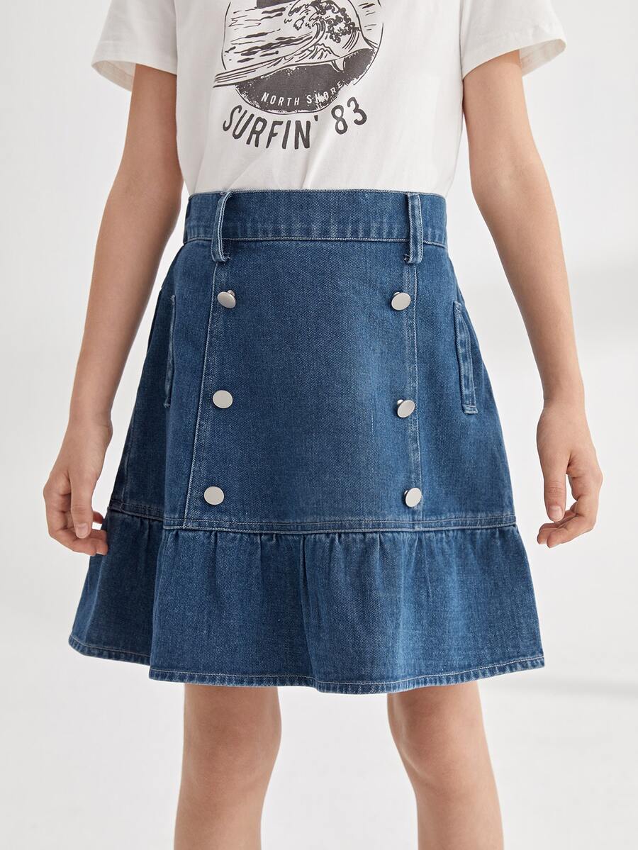 Niñas Falda en mezclilla con botones bajo con fruncido - Azul lavado medio - Ver 1