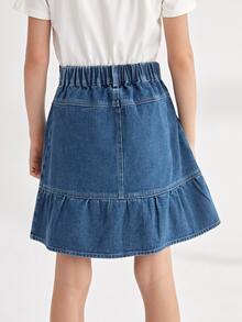 Niñas Falda en mezclilla con botones bajo con fruncido - Azul lavado medio - Ver 2