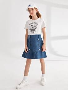 Niñas Falda en mezclilla con botones bajo con fruncido - Azul lavado medio - Ver 3