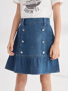 Niñas Falda en mezclilla con botones bajo con fruncido - Azul lavado medio - Ver 4