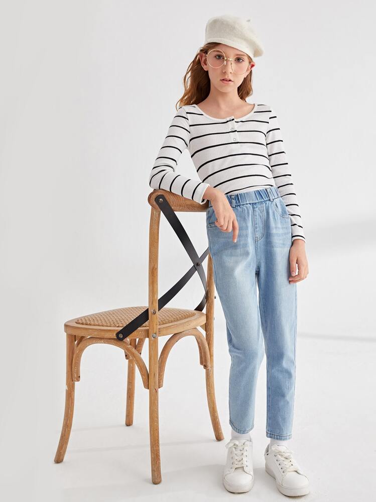 Niñas Jeans mom desgarro de cintura elástica - Lavado ligero - Añade 1