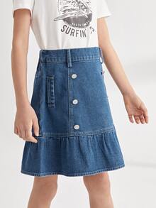 Niñas Falda en mezclilla con botones bajo con fruncido - Azul lavado medio - Ver 5